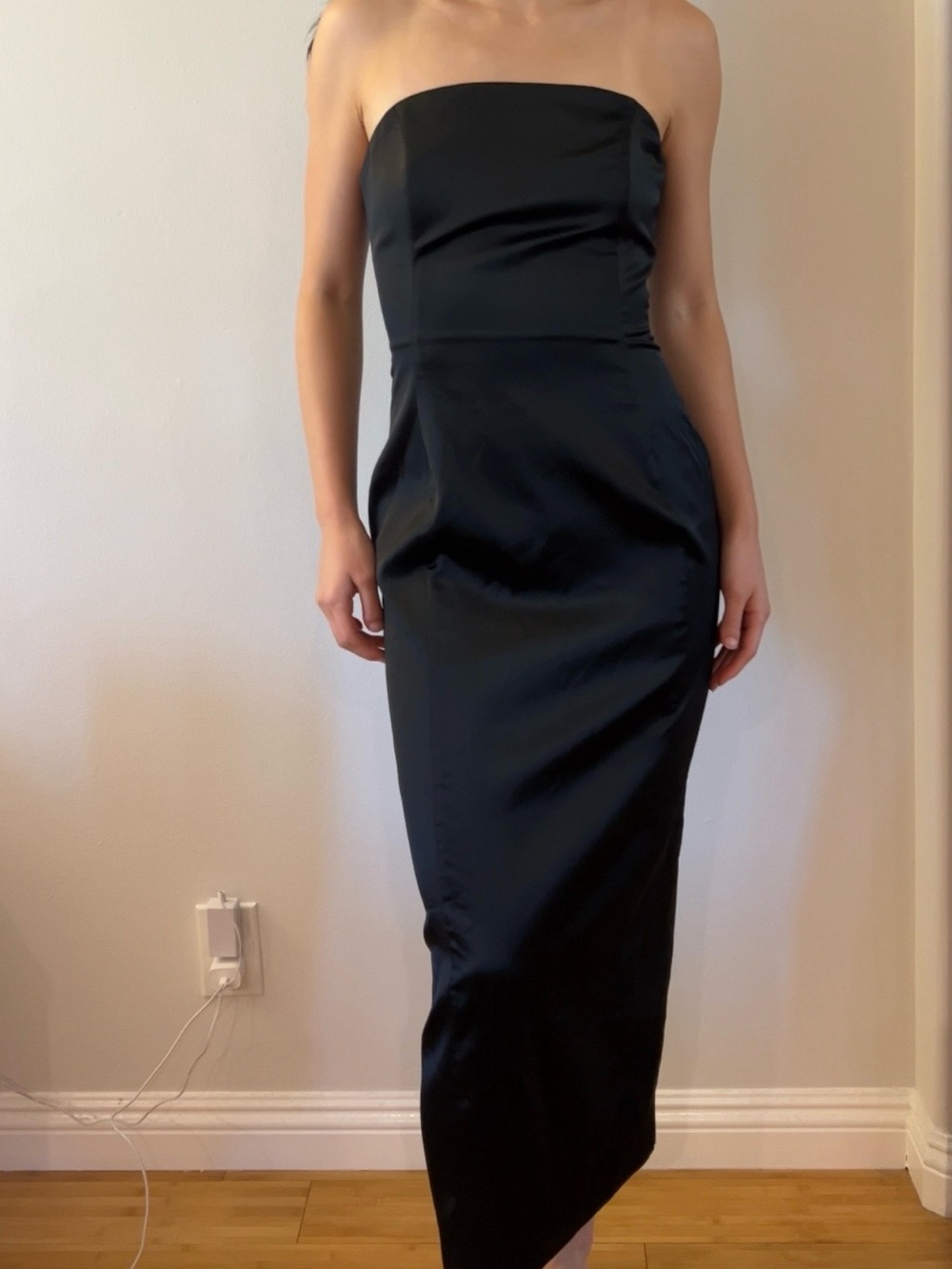 OAK + FORT Strapless Black Satin Midi Dress